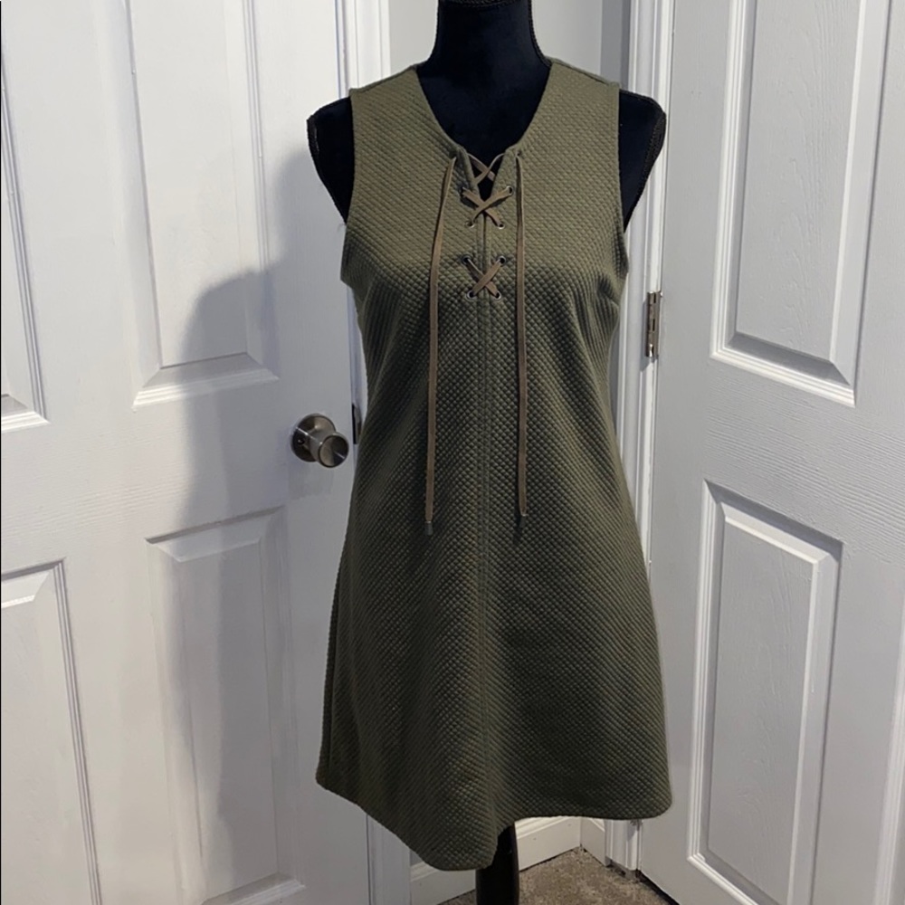 Black Swan Army Green Lace-Up Sleeveless Dress | Casual A-Line Mini | Size M